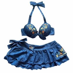 Embroidered Denim Bikini Set